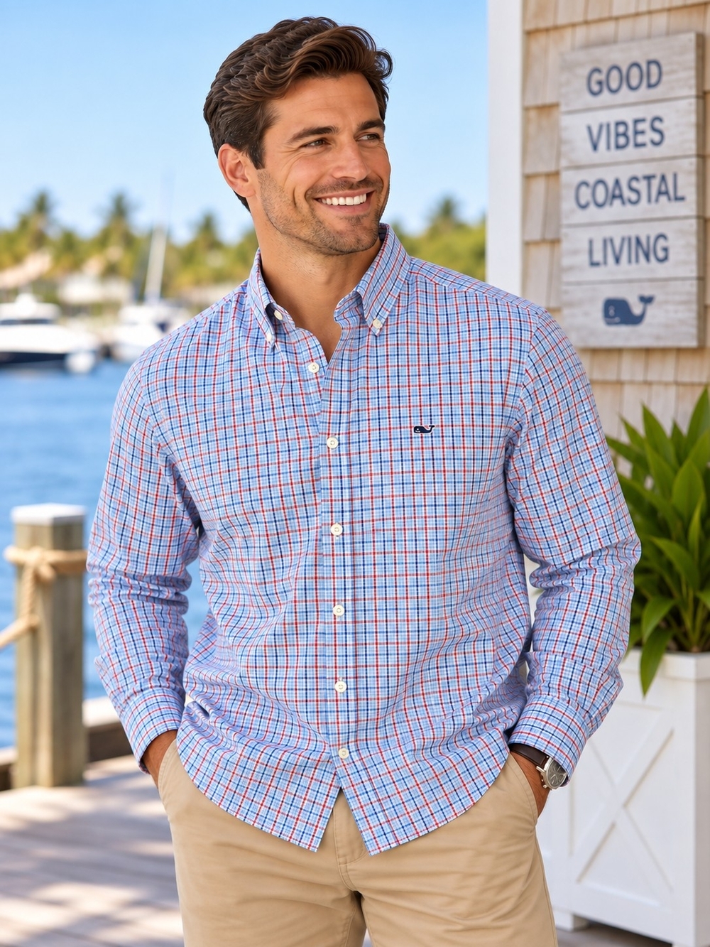 Vineyard Vines Men’s L Whale Shirt Blue Red Plaid Button Down